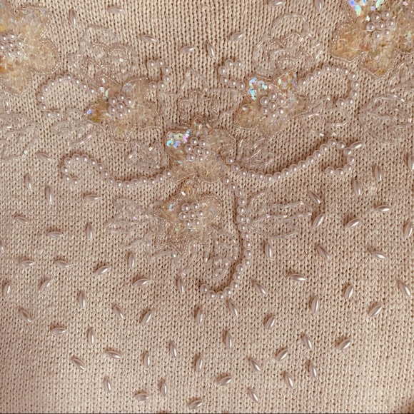 Grandma Cream Sequin Sparkily Shoulder Pad Long Sleeve Sweater - Picture 2 of 4